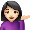 Emoji of a person with shoulder-length black hair, wearing a purple top, smiling, and raising one hand in a heres the answer gesture.